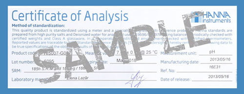 น้ำยามาตรฐานฺ Hanna Certificate