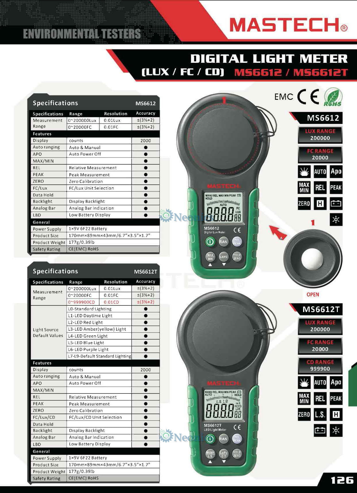 Specification เครื่องวัดความเข้มแสง (Lux Meter) Mastech รุ่น MS6612