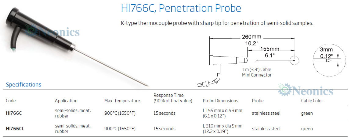 โพรบวัดอุณหภูมิเทอร์โมคัปเปิ้ล (Thermocouple Probe) รุ่น HI766C