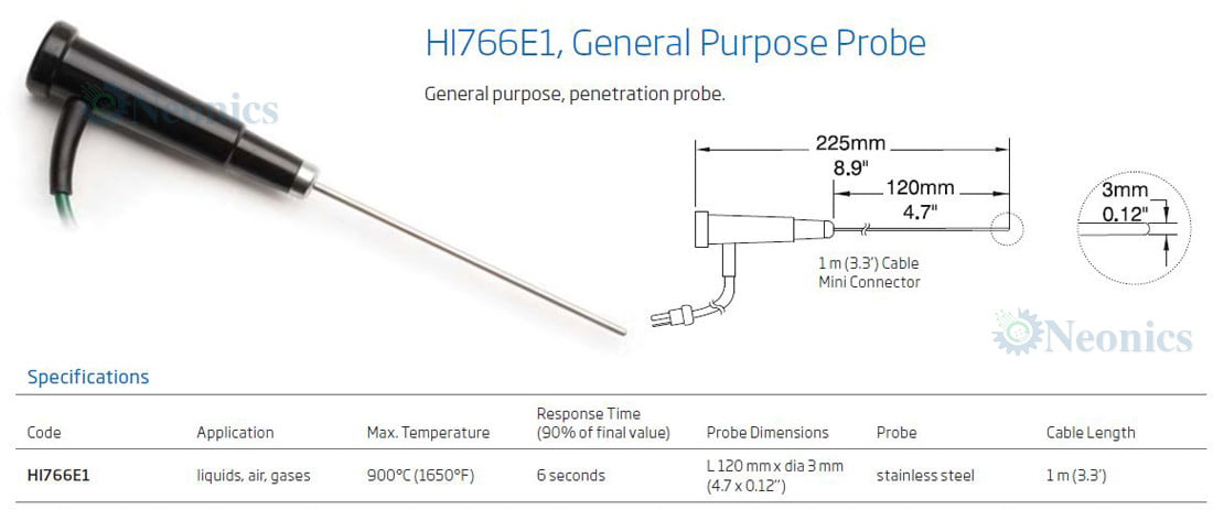 โพรบวัดอุณหภูมิเทอร์โมคัปเปิ้ล (Thermocouple Probe) รุ่น HI766E1