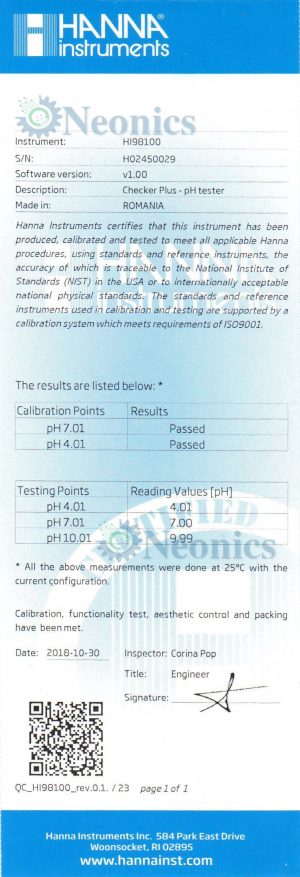 Certificate of Calibration สำหรับ pH meter